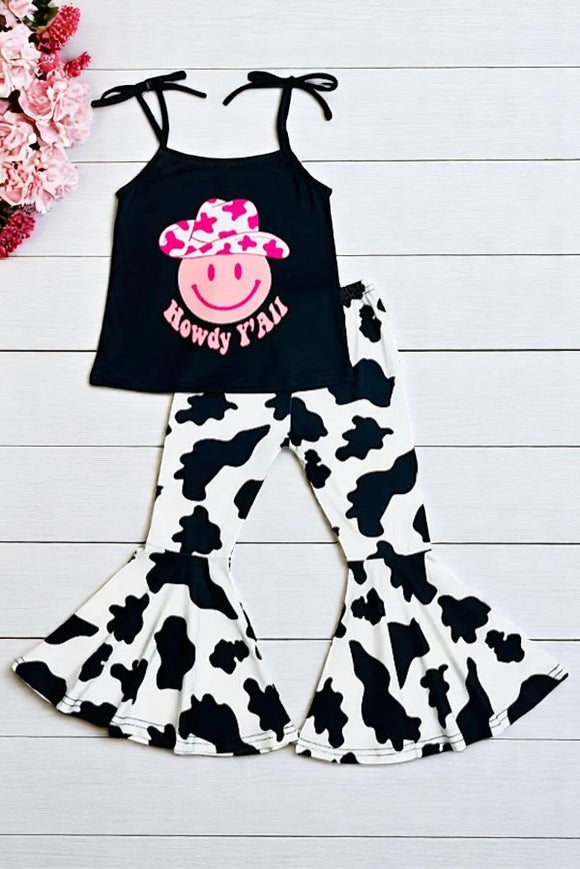 Girls boutique clothing HOWDY Y'ALL smiley face cow printed 2pc set XCH0777-22H