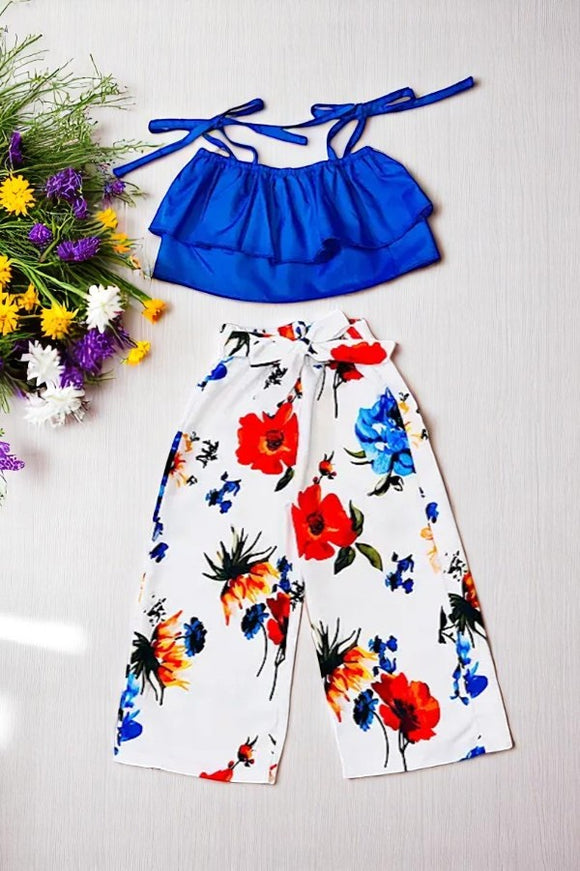 Bulk boutique clothing Ruffle blue crop top w/white floral printed pants girl 2pcs set DLH2506