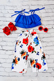 Bulk boutique clothing Ruffle blue crop top w/white floral printed pants girl 2pcs set DLH2506