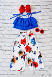 Bulk boutique clothing Ruffle blue crop top w/white floral printed pants girl 2pcs set DLH2506