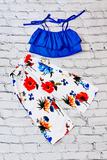 Bulk boutique clothing Ruffle blue crop top w/white floral printed pants girl 2pcs set DLH2506