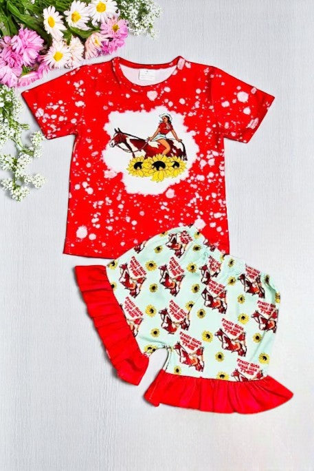 Shop western kids clothes Riding horses top & shorts 2pcs girls sets 12184MZ (A3S1)