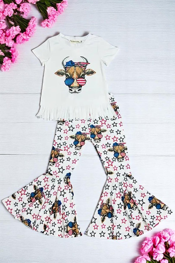Shop Girls clothing wholesale Stars & patriotic cow printed girl 2pcs set XCH0777-37H