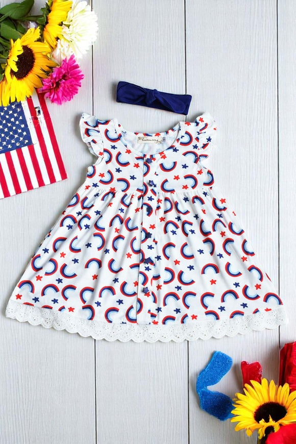 Buy girls dress 4th July rainbow & stars printed with lace trim and stars button w/headband XCH03028