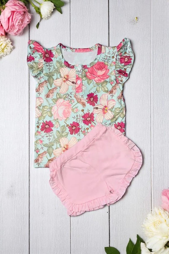 Shop summer children clothes Floral printed top w/pink shorts girl set DLH1215-15 A3S1)