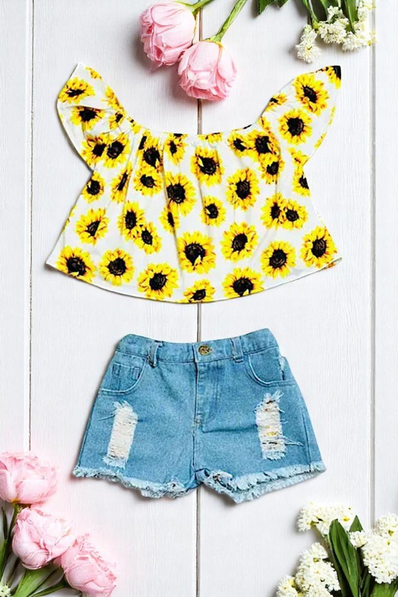Shop Girls denim sets Sunflowers off the shoulder top w/denim shorts 3pc DLH2359 (A3S4)
