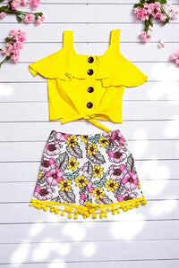 Summer kids clothes Yellow blouse w/floral shorts 2pc girls set DLH2354 (A3S6)