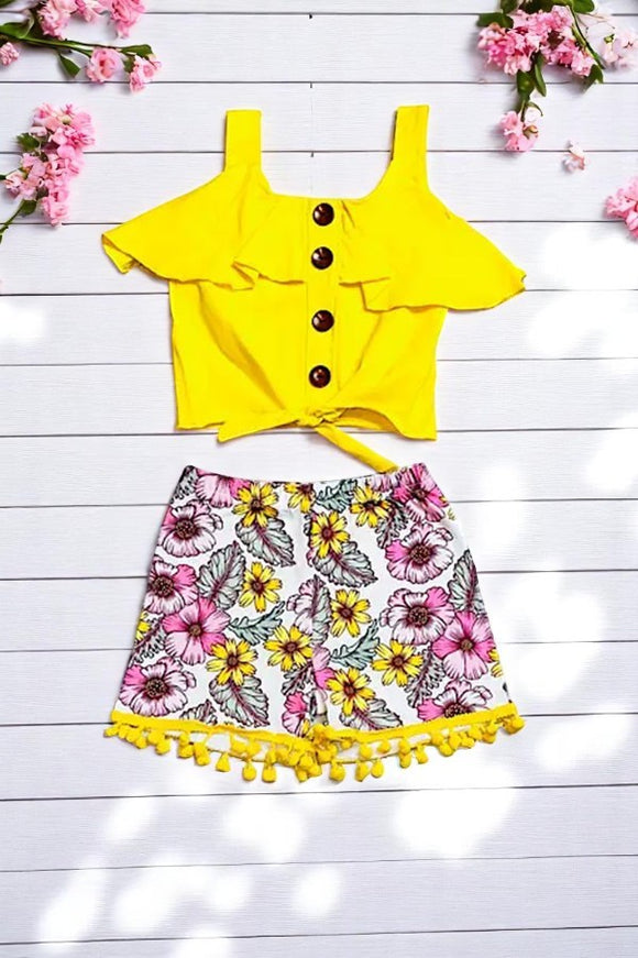 Summer kids clothes Yellow blouse w/floral shorts 2pc girls set DLH2354 (A3S6)