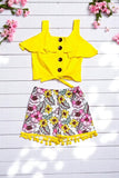 Summer kids clothes Yellow blouse w/floral shorts 2pc girls set DLH2354 (A3S6)