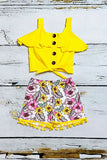 Summer kids clothes Yellow blouse w/floral shorts 2pc girls set DLH2354 (A3S6)