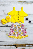 Summer kids clothes Yellow blouse w/floral shorts 2pc girls set DLH2354 (A3S6)