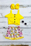 Summer kids clothes Yellow blouse w/floral shorts 2pc girls set DLH2354 (A3S6)