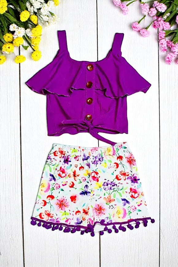 Buy girls boutique clothing Purple floral printed girl 2pcs set DLH2353( A3S6)