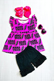 Buy children clothes "MAMA TRIED" fuchsia top & shorts 2pc ruffle set 1145WY