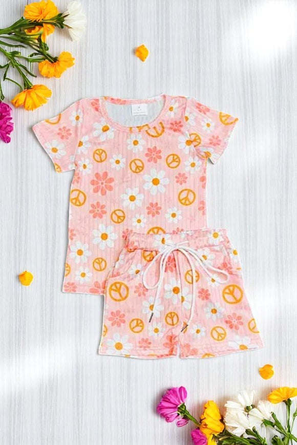 Buy girls clothes Summer Ribbed knitted fabric Daisies & peace coral 2pc top & shorts set 1161WY