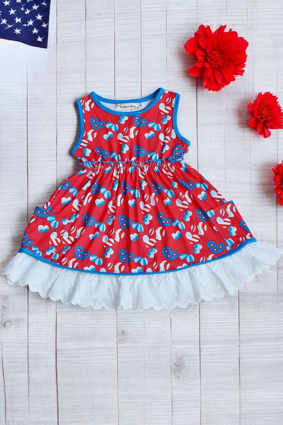 Shop 4th july girls dress USA flag & hearts printed & sleeveless & pockets w/lace trim XCH03026