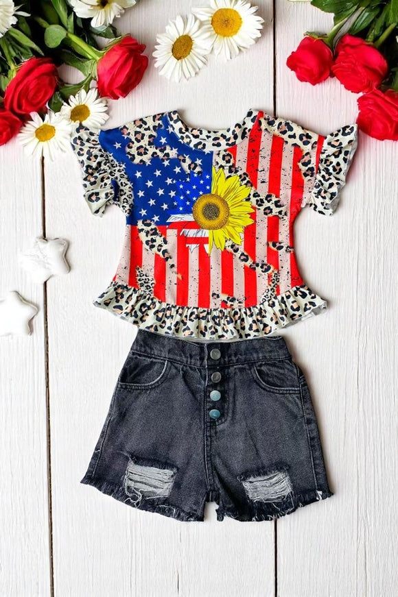 Children clothing wholesale USA flag & sunflower printed girls top w/ruffles DLH1212-13