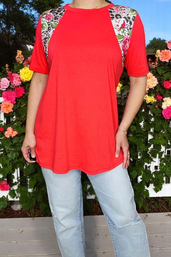 Women t-shirt wholesale Orange top w/leopard & floral printed shoulders GJQ10641 (FS10)