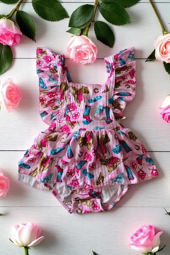 Pink western boots print ruffle ribbed knitted fabric baby romper w/matching headband DLH1215-27