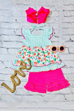 Plaid & Floral ruffle top w/pink shorts 2pc girls set XCH0666-35H (A3S1)