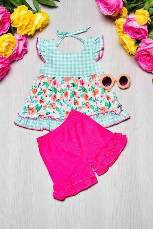 Plaid & Floral ruffle top w/pink shorts 2pc girls set XCH0666-35H