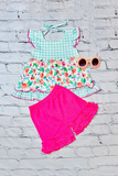 Plaid & Floral ruffle top w/pink shorts 2pc girls set XCH0666-35H (A3S1)