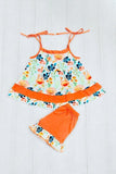 Floral spaghetti strap top orange shorts 2pc girls sets XCH0666-2H (A3S9)