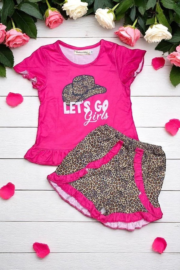 Let's go girls hats print pink and leopard 2pcs girls sets XCH0333-14H