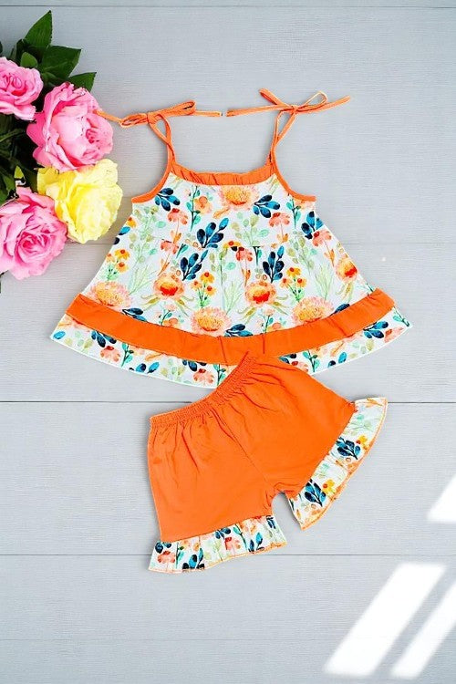 Floral spaghetti strap top orange shorts 2pc girls sets XCH0666-2H (A3S9)