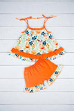 Floral spaghetti strap top orange shorts 2pc girls sets XCH0666-2H (A3S9)