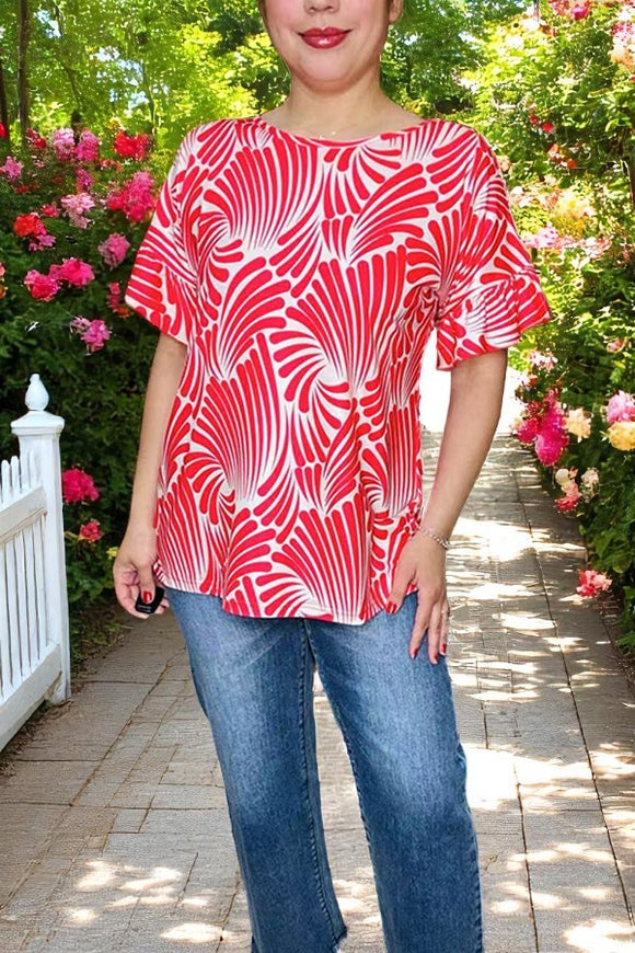 Women clothing wholesale Red white patterns print & bell short sleeve top GJQ16139