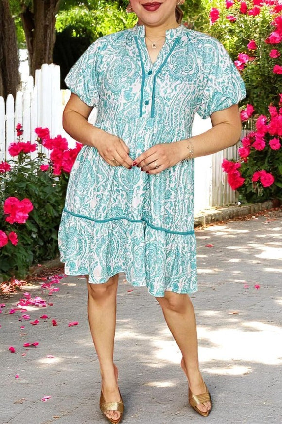 Women's dress suppliers turquoise paisley prints & trim & puff short sleeves GJQ16027
