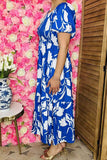 Shop maxi dress Blue/white floral printed elastic thread front w/puff short sleeves BQ16224