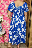 Shop maxi dress Blue/white floral printed elastic thread front w/puff short sleeves BQ16224