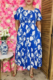 Shop maxi dress Blue/white floral printed elastic thread front w/puff short sleeves BQ16224