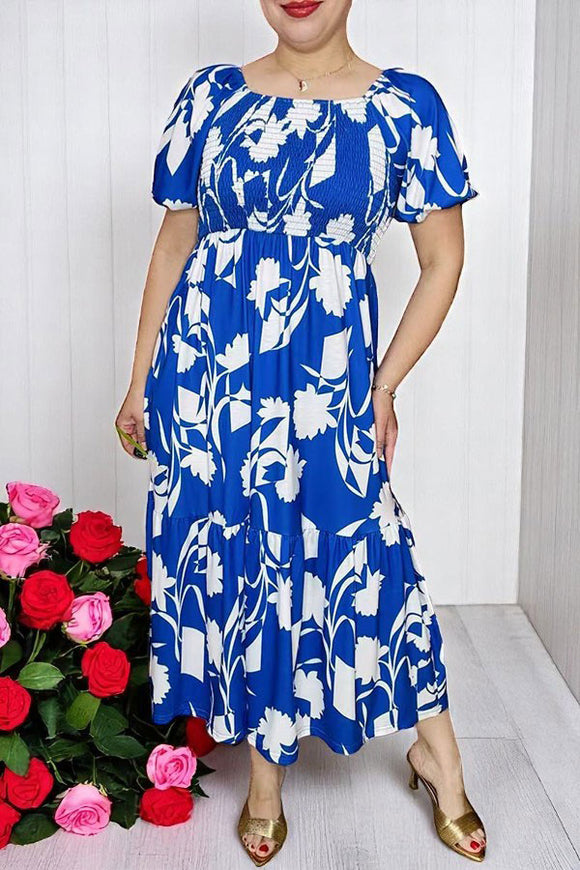 Shop maxi dress Blue/white floral printed elastic thread front w/puff short sleeves BQ16224
