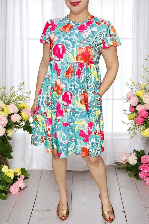 Shop women's dress Floral printed turquoise flutter short sleeve dress wholesale GJQ16165