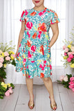 Shop women's dress Floral printed turquoise flutter short sleeve dress wholesale GJQ16165.(DS3)