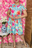 Shop women's dress Floral printed turquoise flutter short sleeve dress wholesale GJQ16165.(DS3)