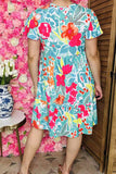 Shop women's dress Floral printed turquoise flutter short sleeve dress wholesale GJQ16165.(DS3)