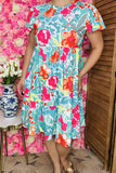 Shop women's dress Floral printed turquoise flutter short sleeve dress wholesale GJQ16165.(DS3)