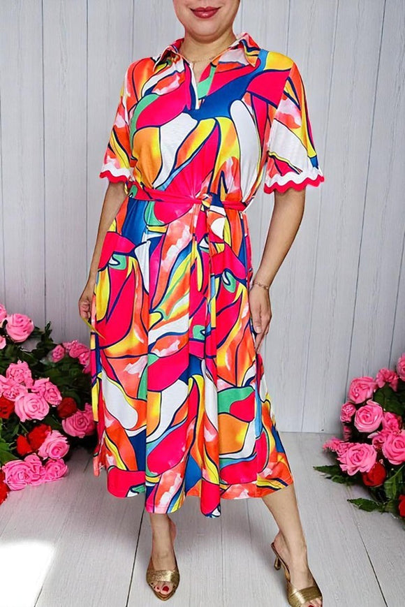 Maxi dress wholesale Multi color patterns prints with red/white trim short sleeve GJQ16190