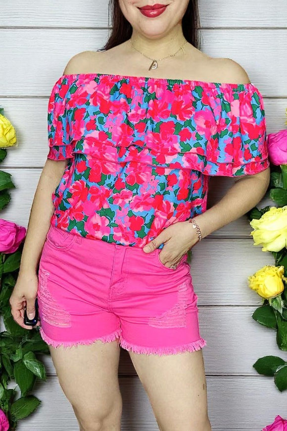 Women's blouse wholesale Floral printed & off shoulder & double ruffles GJQ16271