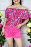 Women's blouse wholesale Floral printed & off shoulder & double ruffles GJQ16271