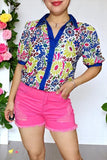 Shop women blouse Floral prints blue puff short sleeves women top BQ16267