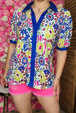Shop women blouse Floral prints blue puff short sleeves women top BQ16267
