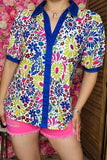 Shop women blouse Floral prints blue puff short sleeves women top BQ16267