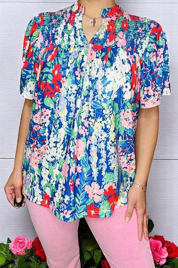 Shop blouse wholesale Floral printed elastic shirr & puff short sleeves women top BQ16223