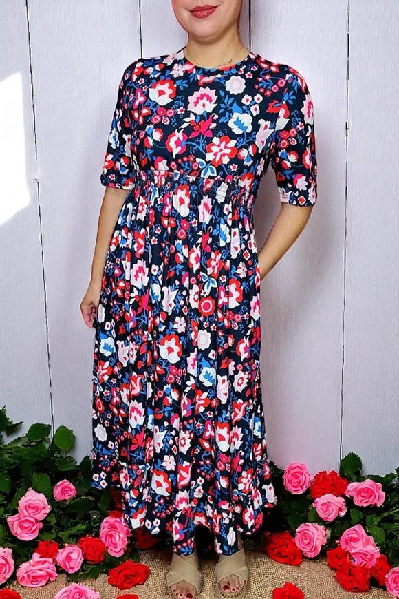 Buy Multi color floral printed women's maix dress w/half sleeve elastic waist GJQ16148