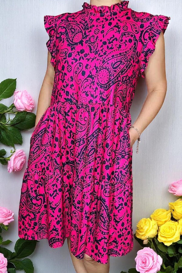 Wholesale Black paisley printed short sleeve w/ruffle women dress BQ15997